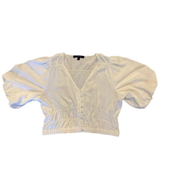 Marc New York White Linen Blend Cropped Ruched Top Balloon Sleeve Blouse Size L - Picture 2 of 7